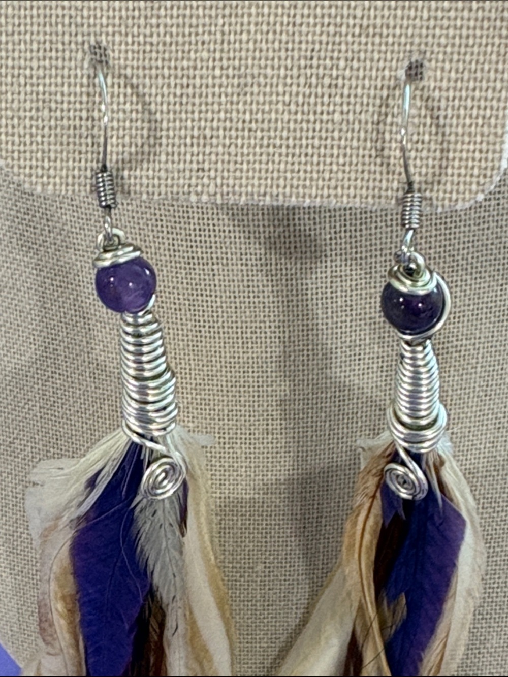Handmade Feather Drop Earrings - Purple & Neutral tones - Picture 2 of 5